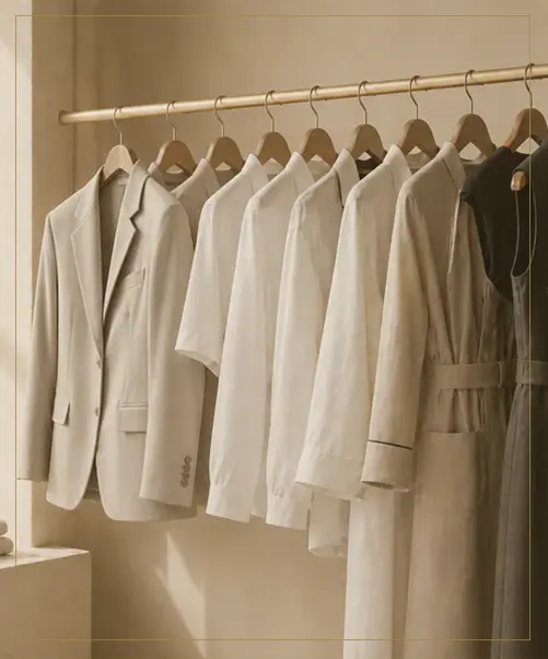 Finished garments on the rail at the Blanc atelier